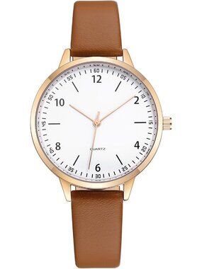 Women's Brown Analog Case Quartz Fashion Leather Mesh Strap Round Wrist Watch